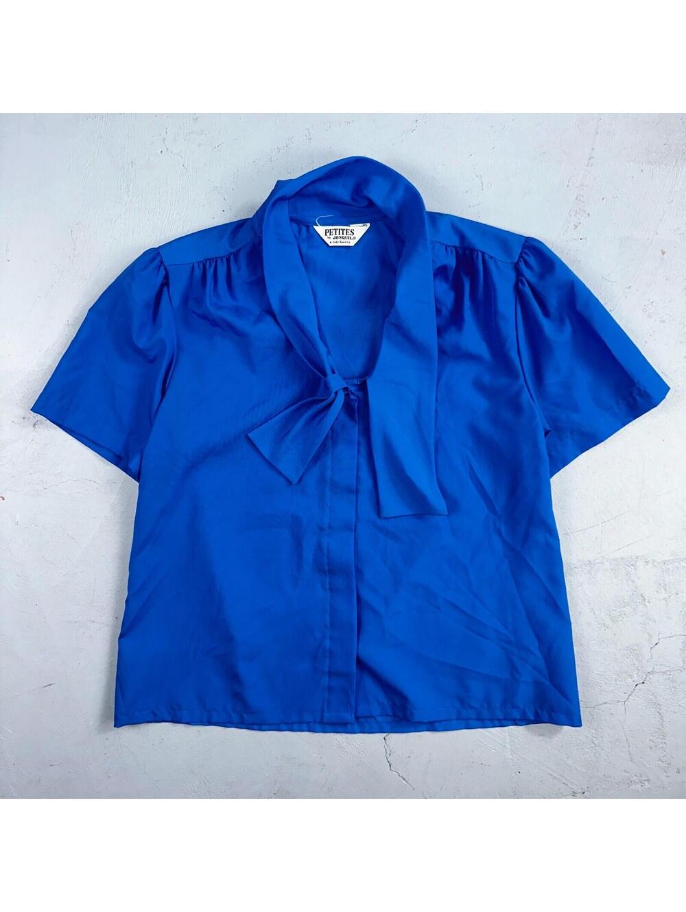 Jonquil Judy Bond Womens M Blouse Button Front Short Sleeve Blue 80s VTG